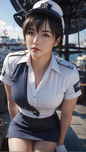 (+18) , nsfw, 

A sexy female navy officer at the harbour ,

ultra detailed face, 
symmetrical eyes, 
soft face, 
Long Cleavage, 
Clean armpits, 
Mini skirt, 
tired and happy,

((view from below, looking upwards))), Insanely detailed portrait of a 
Intricate Photography, 
A Masterpiece, 
8k Resolution Artstation, 
Unreal Engine 5, 
Cgsociety, 
Octane Photograph, sharp focus ,
,himeno