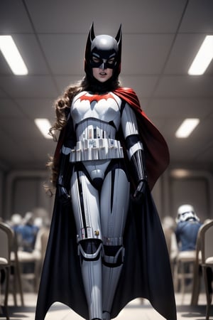 (+18) ,
beautiful sexy batwoman getting married to a stormtrooper in palace bowlroom,
Black suit with silver lines ,
Cleavage,
Full body shot,
full view at mid-distance from below aiming up,
,StormTrooper,1 girl