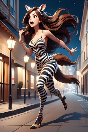1girl,solo,long hair,
open mouth,
brown hair,
dress,
animal ears,tail,
night,
parody,
monster girl,
building,
running,
zebra ears, 
zebra girl,lamppost, 
zebra tail,street,hooves,1 girl