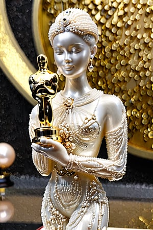 Create a beautiful pearl Oscars sculpture , The statuettes are solid pearl  , ((the Oscars academy award statue made of pearl)) , Extremely detailed and intricate, background in bac son valley,  8kUHD, ,bacsonvietnam