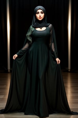 (+18) ,
A sexy Arab woman , 
Wearing traditional Arabian abaya,
Black Long dress,
Satin dress,
Sexy ((tight )) dress ,
(Open front abaya) ,
Hijab ,
Long Cleavage,
RAW photo, 
8k uhd, high quality, 
big lips,
((full_body shot)) ,
Simple background,
Green background,
m4d4m, 
hourglass body shape, ,
,IncursioPecEnvy