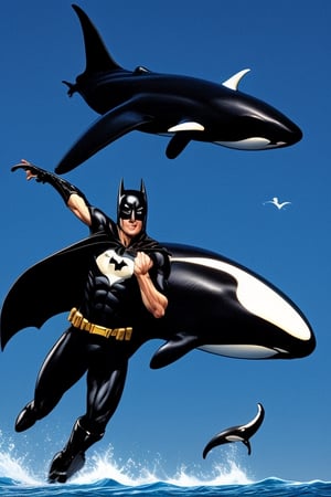 Batman riding on orca killer whale 

1 girl