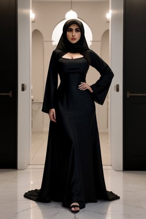 (+18) ,
1 man 1 woman , 
a couple husband and wife,
A sexy Arab woman , 
Wearing traditional Arabian abaya,
Black Long dress,
Satin dress,
Sexy tight dress ,
Open front abaya,
Hijab ,
Long Cleavage,
RAW photo, 
8k uhd, high quality, 
big lips,
((full_body shot)) ,
m4d4m, 
hourglass body shape, ,
,IncursioPecEnvy