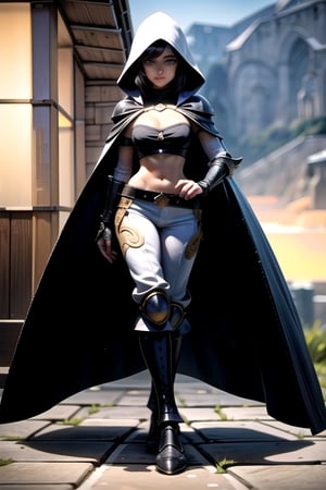 (detailed face:1.2), 
(looking at viewer:1.2), 
centered, (full body), 
photography of a 22yo woman, 
Sexy,
masterpiece, 
(beautiful detailed eyes:1.2), 
black hair color, 
Silver hooded Cape,
White armored top, 
Cleavage,
metal pauldrons, navel, 
midriff, wide hips, 
lowleg armored pants, 
sunset, bokeh, depth of field, 
fantasy world, medieval, 
fantasy town, | n64style, 
Ultra realistic,
ocarinaoftime, majorasmask,Extremely Realistic