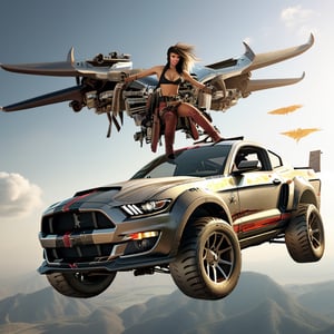 (+18) , NSFW,

A sexy pirate woman riding on a flying Ford mustang,
Airplane wings attached to mustang SUV,

,c_car,rocketride