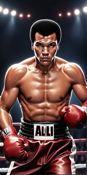 (+18) , NSFW,
Mohamed Ali, in a boxing ring,
 intricate, elegant, 8k, highly detailed, digital painting, concept art, smooth, sharp focus, concept art, 