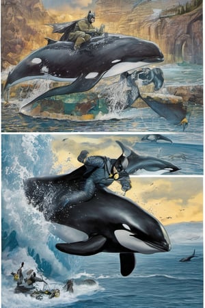 Batman,
 riding,
 orca killer whale ,
,food 