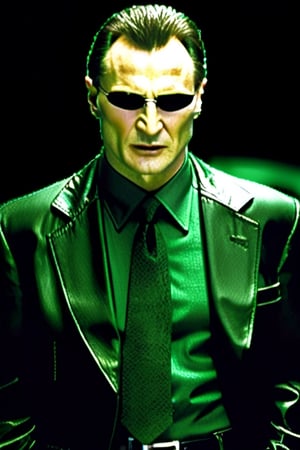 the matrix movie  , 
(masterpiece), 
(extremely intricate:1.3), 
(realistic),  
beautiful lighting, 
professional lighting, 
film grain,
portrait of (Liam Neeson) as morpheus ,
Full body shot,
male focus, 
solo, realistic, 
, looking at viewer, 
green eyes, blurry, 
Shamrock ☘️ logo,
Light skin, formal, 
shirt, closed mouth, 
necktie, red chair ,
Irish theme,
,food ,more detail XL
