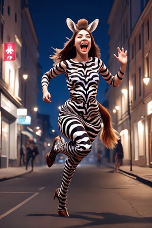 1girl,solo,long hair,
open mouth,
brown hair,
dress,
animal ears,tail,
night,
parody,
monster girl,
building,
running,
zebra ears, 
zebra girl,lamppost, 
zebra tail,street,hooves,1 girl