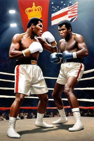 (King Kong) vs Mohammed Ali ,,
Boxing arena,
Boxing gloves,
White gloves,
Fight ,

Silver Cape,
