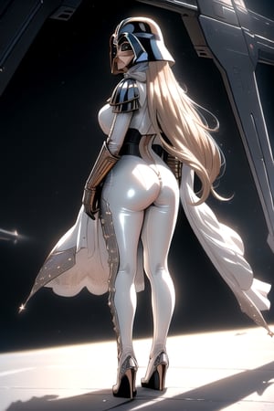 (+18) , 
((masterpiece), best quality, 
high quality, professional quality, 
highly detailed, highres, 
perfect lighting, natural lighting), 

beautiful 30 year old sexy Arab woman, 
slender, brunette, 
white leggings, crotch gap, medium breast, 
tight white top, 
facing away from viewer, 

Darth Vader in the background aboard Star fleet spacecraft,
,1 girl