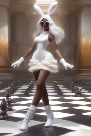 masterpiece,
Easter ,
((Easter egg)) ,
Bunny,
Celebration,
Big Day ,
Full body shot,
1girl,
Cute African angel woman,
Sunglasses,
Detailed face ,
Thighs,
White dress ,
Boots ,
standing, 
White_gloves, 
ascot, 
Chess board floor ,
People in background,
Detailed background,
#A1i ,
 ,DonMR31nd33r,Mercy_Overwatch,photorealistic,food ,shards