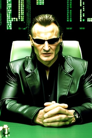 the matrix movie  , 
(masterpiece), 
(extremely intricate:1.3), 
(realistic),  
beautiful lighting, 
professional lighting, 
film grain,
portrait of (Liam Neeson) as morpheus ,
male focus, 
solo, realistic, 
, looking at viewer, 
green eyes, blurry, 
Shamrock ☘️ logo,
Light skin, formal, 
shirt, closed mouth, 
necktie, red chair ,
Irish theme,
,food ,more detail XL