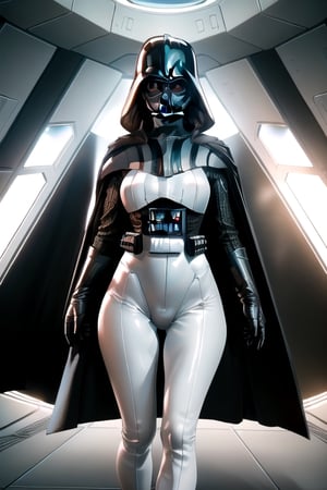(+18) , 
((masterpiece), best quality, 
high quality, professional quality, 
highly detailed, highres, 
perfect lighting, natural lighting), 

beautiful 30 year old sexy Arab woman, 
slender, brunette, 
white leggings, crotch gap, medium breast, 
tight white top, 
facing away from viewer, 

Darth Vader in the background aboard Star fleet spacecraft,
,
