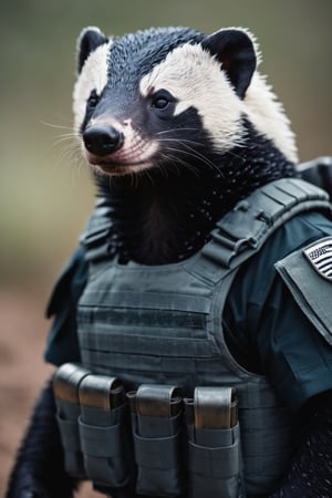 anthro (honey badger:1.1) | 
wearing military combat wear | war setting | perfect symmetry, fine detail, intricate, stunning, highly detailed, sharp focus, magical atmosphere, novel, fantastic, epic, cinematic, directed, full color, best, light