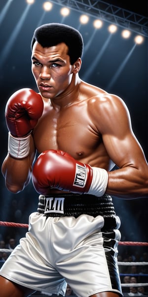 (+18) , NSFW,
Mohamed Ali, in a boxing ring,
 intricate, elegant, 8k, highly detailed, digital painting, concept art, smooth, sharp focus, concept art, 