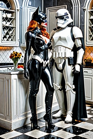 (+18) ,
beautiful sexy batwoman getting married to a stormtrooper in a palace kitchen,
Black and white tiles ,
Black suit with silver lines ,
Cleavage,
Full body shot,

,StormTrooper,1 girl,more detail XL,stormtrooper