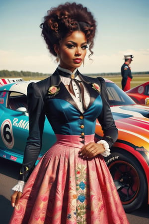 (+18) , NSFW, 
Nascar Racing event ,
1woman , 
Sexy African woman , 
Afro hair style , 
cleavage ,
Wearing Scottish skirt ,
Wearing a ((frock coat victorian era style)) , 

masterpiece , (best quality) , (realistic) , ((photorealistic)) ,
(ultra-detailed) ,
(detailed light) ,
(beautiful intricate eyes) ,
(beautiful face:1.4) ,
full body shot , 
far away shot,
athletic physique ,
neon highlights ,
(((((Victorian era england))))) ,
Matte photo ,
,
detailmaster2 ,
Dark,
neon colors,
,old style,mad-marbled-paper