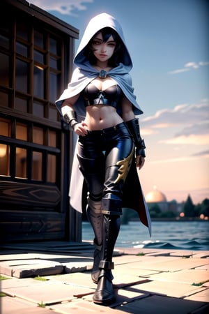(detailed face:1.2), 
(looking at viewer:1.2), 
centered, (full body), 
photography of a 22yo woman, 
Sexy,
masterpiece, 
(beautiful detailed eyes:1.2), 
black hair color, 
Silver hooded Cape,
White armored top, 
Cleavage,
metal pauldrons, navel, 
midriff, wide hips, 
lowleg armored pants, 
sunset, bokeh, depth of field, 
fantasy world, medieval, 
fantasy town, | n64style, 
Ultra realistic,
ocarinaoftime, majorasmask,Extremely Realistic
