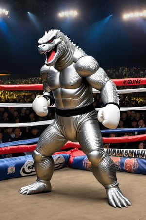 Godzilla ,
Boxing arena,
Boxing gloves,
White gloves,
Fight King Kong,
Silver Cape,
