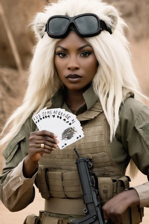 anthro White (Lion:1.1) | 
wearing military combat wear | war setting | perfect symmetry, fine detail, 
Playing cards,
Beautiful sexy African woman,
Holding up cards,
Soldiers,
Motion photography,
((Weapon)) ,
((M16)) ,
intricate, stunning, highly detailed, 
sharp focus, magical atmosphere, 
novel, fantastic, 
epic, cinematic, 
directed, full color, best, light,action shot