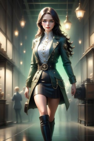 (+18) ,
HZ steampunk,
Masterpiece, 
highres,
natural volumetric lighting and best shadows,
highly detailed face, 
highly detailed facial features, 
1girl, steampunk, 
solo, full body shot,
Glowing green eyes, 
breasts, navel, 
White and black hair, 
cleavage,
very light smile, 
looking at viewer, 
midriff, 
White bustier, 
Victorian Long jacket,
White jacket,
Black outlines ,
long hair, lips, 
jewelry, 
earrings, 
medium breasts, 
freckles, 
Mini skirt,
belt,ste4mpunk,outline