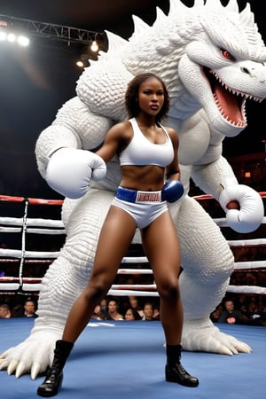 (Giant white Godzilla) ,
Boxing arena,
Boxing gloves,
White gloves,
Fight ,
Beautiful sexy African girl,

