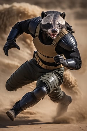 anthro (honey badger:1.1) | 
wearing military combat wear | war setting | perfect symmetry, fine detail, 
Running,
Motion photography,
Weapon,
((M16)) ,
intricate, stunning, highly detailed, 
sharp focus, magical atmosphere, 
novel, fantastic, 
epic, cinematic, 
directed, full color, best, light,action shot