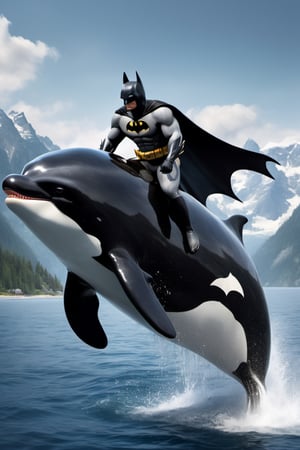 Batman,
 riding,
 orca killer whale ,
,food ,more detail XL,Extremely Realistic