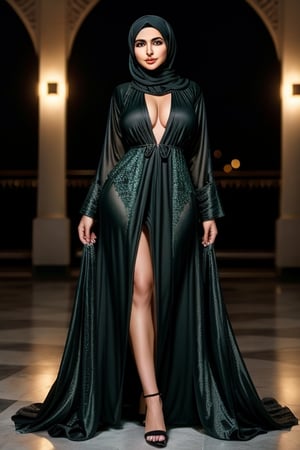 (+18) ,
A sexy Arab woman , 
Wearing traditional Arabian abaya,
Black Long dress,
Satin dress,
Sexy ((tight )) dress ,
(Open front abaya) ,
Hijab ,
Long Cleavage,
RAW photo, 
8k uhd, high quality, 
big lips,
((full_body shot)) ,
Simple background,
Green background,
m4d4m, 
hourglass body shape, ,
,IncursioPecEnvy