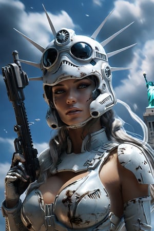 (+18) ,
A Sexy female stormtrooper with her (Ford mustang) near The statue of liberty ,
Big natural breasts ,
Cleavage,
beautiful blue sky with imposing cumulonembus clouds, 
Focus on the statue of liberty,

masterpiece, real_booster,,H effect,stormtrooper,more detail XL,booth,food focus,no humans
