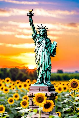 The statue of Liberty,
On farm Land,
Common sunflower Plant ito infinity,

exposure,more detail XL,Extremely Realistic