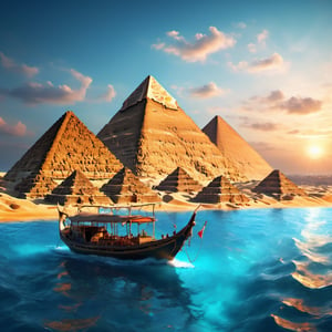 [The pyramids of Giza in the middle of a transparent blue ocean], 
 Small fishing boat is passing by The lazy waters , 
 , 
intricate design, photorealistic, 
hyper-realistic, high definition, 
extremely detailed, 
cinematic, 
UHD, HDR, 32k, ultra hd, 
realistic, 
dark muted tones, highly detailed, 
perfect composition, 
beautiful intricate detailing , 
incredibly detailed octane render, 
trending on artstation, , 
nature, subsurface scattering, transparent, translucent skin, glow, bloom, Bioluminescent liquid, 3D style, cyborg style, Movie Still, Leonardo Style, warm color, vibrant, volumetric light,3d,more detail XL