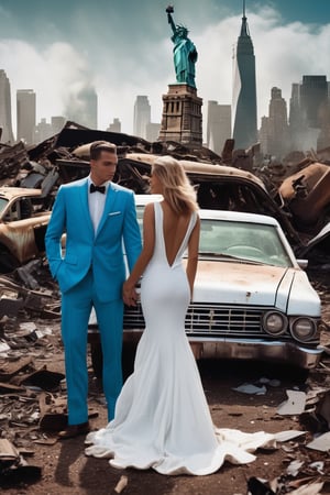 (+18) ,
a ruined town, 
bomb craters , 
((Ruins of Broken statue of liberty))
tank wrecks , rusty cars, 
crowds with gloomy eyes, 
realistic , 
detailed,,

Break ,,,

((Background:
,,, couple , man in blue Tuxedo, 
Woman in white dress ,))
