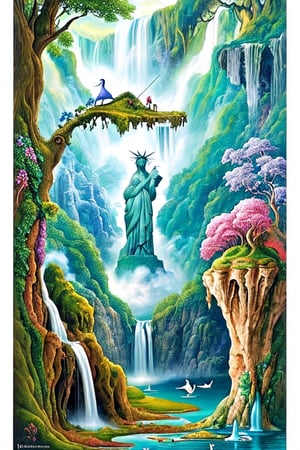 A breathtaking and surreal landscape inspired by dreams and imagination. 
The statue of Liberty in background,
The scene should depict floating islands, cascading waterfalls, and vibrant flora that defy the laws of gravity. 
The colors should be rich and vibrant, with a touch of otherworldly glow. This artwork invites viewers to escape reality and explore a realm of wonder and magic. It is perfect for wall art, album covers, and advertisements that seek to captivate the imagination. Illustrated by Hieronymus Bosch and Roger Dean.