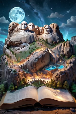 an open BookScenic with a picture of a Mount Rushmore,

stunning fantasy 3d render, 
night background, 
flash image, 
safari background, 
projection mapping, 
or perhaps a fairy tale, 
American, 
designed in blender,

BookScenic,3d style,3d isometric,