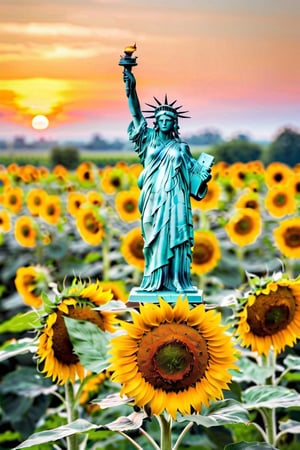The statue of Liberty,
On farm Land,
Common sunflower Plant ito infinity,

exposure,more detail XL,Extremely Realistic