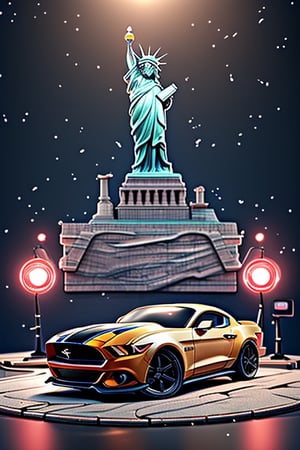 a yollow RC car, 
(Ford mustang) ,
The statue of Liberty in background, 
Studio lighting for a cinematic look, 
Dynamic and photo-realistic, 
Capturing the RC car in real-life detail.,3DMM