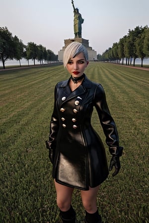 Yorha white hair,
short hair,
black choker,
Almond eyes,
lips,mole under mouth,  
standing, 
The statue of Liberty,
full body shot , 
smile, 
Thighs,
Cleavage,
Ygear, black gloves,
long sleeves ,black footwear, 
black skirt , black socks,
black jacket,buttons,
fog,  grass, 
(insanely detailed, beautiful detailed face, masterpiece, best quality)    ,photorealistic