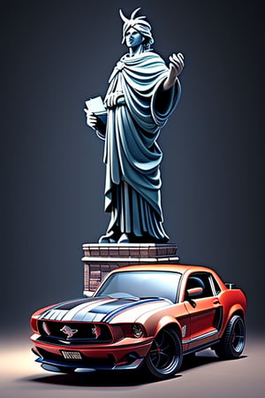 a yollow RC car, 
(Ford mustang) ,
The statue of Liberty in background, 
Studio lighting for a cinematic look, 
Dynamic and photo-realistic, 
Capturing the RC car in real-life detail.,3DMM