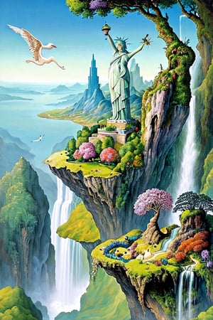 A breathtaking and surreal landscape inspired by dreams and imagination. 
The statue of Liberty in background,
The scene should depict floating islands, cascading waterfalls, and vibrant flora that defy the laws of gravity. 
The colors should be rich and vibrant, with a touch of otherworldly glow. This artwork invites viewers to escape reality and explore a realm of wonder and magic. It is perfect for wall art, album covers, and advertisements that seek to captivate the imagination. Illustrated by Hieronymus Bosch and Roger Dean.