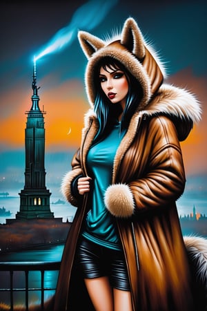 (+18) , NSFW ,
Sexy gothic statue of liberty in a fur coat electricboogaloostyle,, 

solo standing ,
full body,, hood, coat, sneakers, hood up, wall, brown coat, hooded coat, 
graffiti of The statue of liberty ,,
 in the style of esao andrews,Loona,esao andrews style