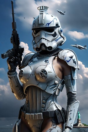 (+18) ,
A Sexy female stormtrooper with her (Ford mustang) near The statue of liberty ,
Big natural breasts ,
Cleavage,
Full body shot ,
beautiful blue sky with imposing cumulonembus clouds, 
Focus on the statue of liberty,

masterpiece, real_booster,,H effect,stormtrooper,more detail XL,booth,food focus,no humans