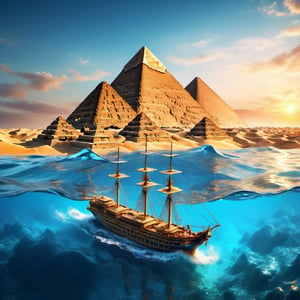 [The pyramids of Giza in the middle of a transparent blue ocean], 
 British empire ship is passing by The lazy waters , 
 , 
intricate design, photorealistic, 
hyper-realistic, high definition, 
extremely detailed, 
cinematic, 
UHD, HDR, 32k, ultra hd, 
realistic, 
dark muted tones, highly detailed, 
perfect composition, 
beautiful intricate detailing , 
incredibly detailed octane render, 
trending on artstation, , 
nature, subsurface scattering, transparent, translucent skin, glow, bloom, Bioluminescent liquid, 3D style, cyborg style, Movie Still, Leonardo Style, warm color, vibrant, volumetric light,3d,more detail XL