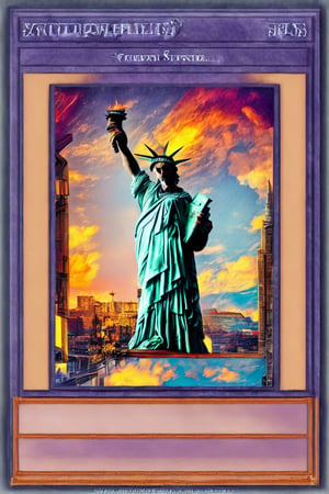 masterpiece,  best quality,  1girl,  
Lady liberty,
The statue of Liberty,
yugioh_card, (anime style), NamiOP, 
looking at viewer,  sky, , , , , ,yugioh_card