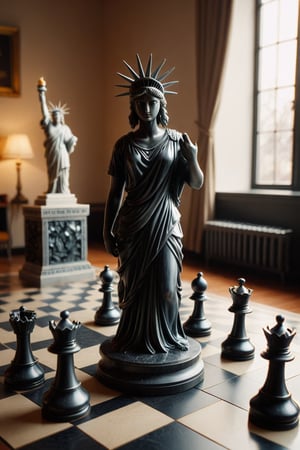 Realism, digital photo, Chess made of The statue of liberty,
Wide angle lens,
Full body shot,
at Townhouse, 
dramatic light, 
bokeh, 
Mosaic-Like,cinematic_warm_color, add_more_creative,Obsidian_Diamond,ral-pnrse