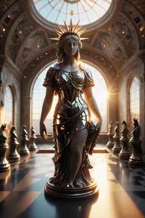 Realism, digital photo, 
Chess made of The statue of liberty,
Lady liberty Chess piece,
Wide angle lens,
Full body shot,
at Townhouse, 
dramatic light, 
bokeh, 
Mosaic-Like,cinematic_warm_color, add_more_creative,Obsidian_Diamond,ral-pnrse,booth