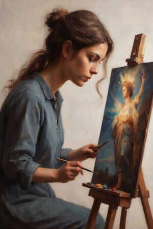 minimalist closeup portrait of an artist at work painting on her canvas easel of Liberty Lady,
magical worlds ,
glowing magical energies ,
double exposure ,
bright background ,
high key lighting,
oil painting