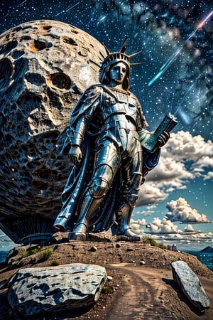 (best quality, 4k, 8k, highres, masterpiece:1.2), ultra-detailed, 
(realistic, photorealistic, photo-realistic:1.37), 
solo,gloves,
standing,helmet,
star (sky),
1other,rock,space,
planet,spacesuit,
space helmet,
Moon surface,
The statue of Liberty in background ,
astronaut