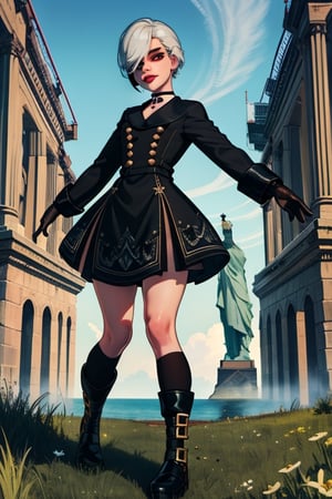 Yorha white hair,
short hair,
black choker,
Almond eyes,
lips,mole under mouth,  
standing, 
The statue of Liberty,
full body shot , 
smile, 
Thighs,
Cleavage,
Ygear, black gloves,
long sleeves ,black footwear, 
black skirt , black socks,
black jacket,buttons,
fog,  grass, 
(insanely detailed, beautiful detailed face, masterpiece, best quality)    